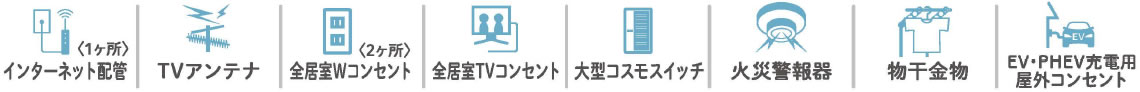 電話端子 TVアンテナ 全居室Wコンセント 全居室TVコンセント 大型コスモスイッチ 火災警報器 物干金物 全窓アミ戸